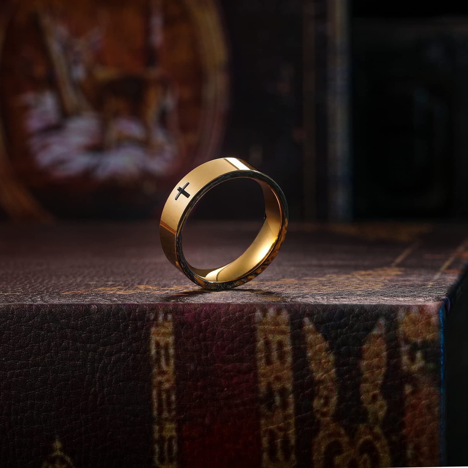 Cross Rings for Men, 18K Gold Plated Mens Rings Stainless Steel Silver Lord Prayer Jesus Christian Black Pinky Ring, Ring Size 5 to 13