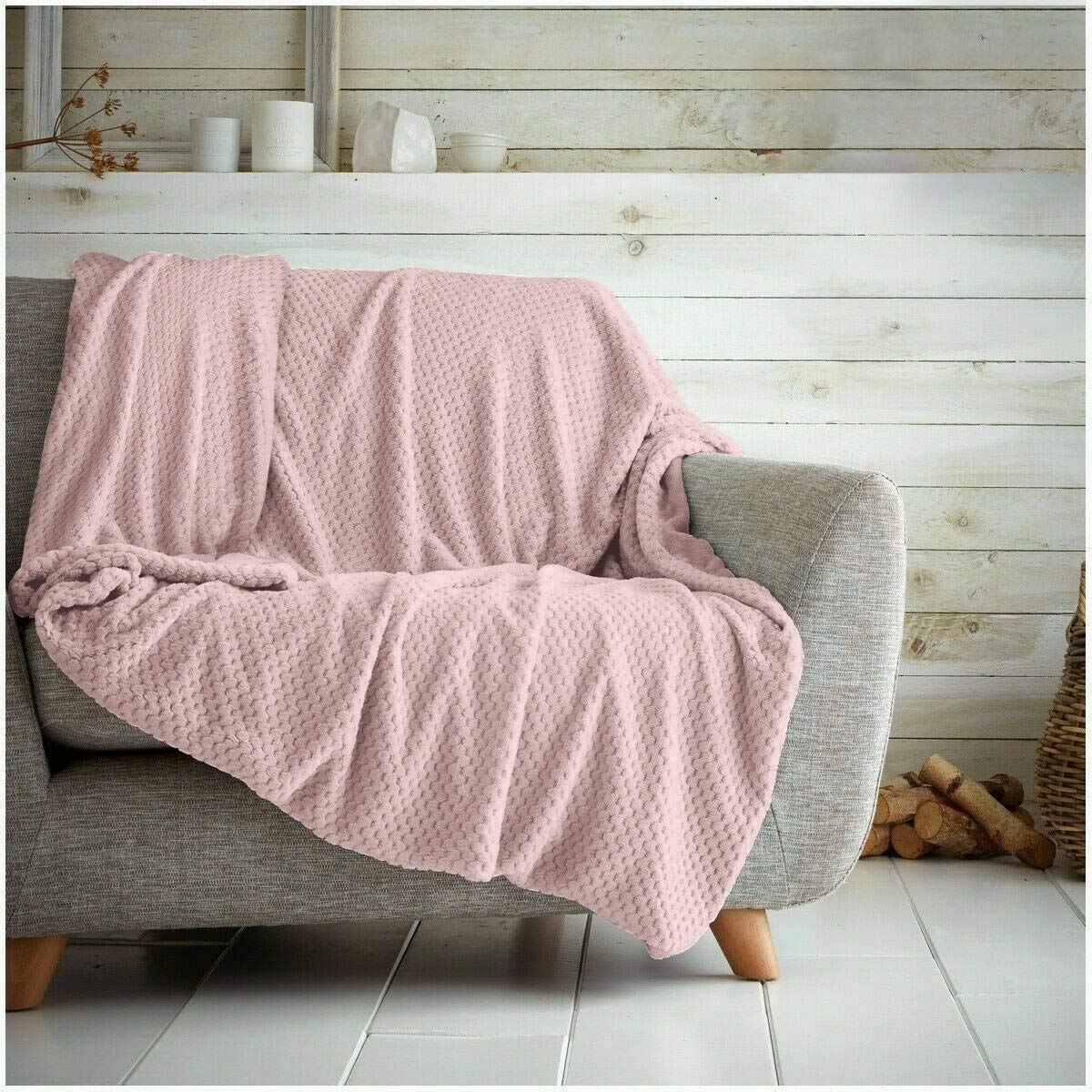 Hanfords Waffle Honeycomb Throw Blanket Soft Warm Throw Over Sofa Bed Travel Bedspread (Blush Pink, Single - 125 x 150cm)