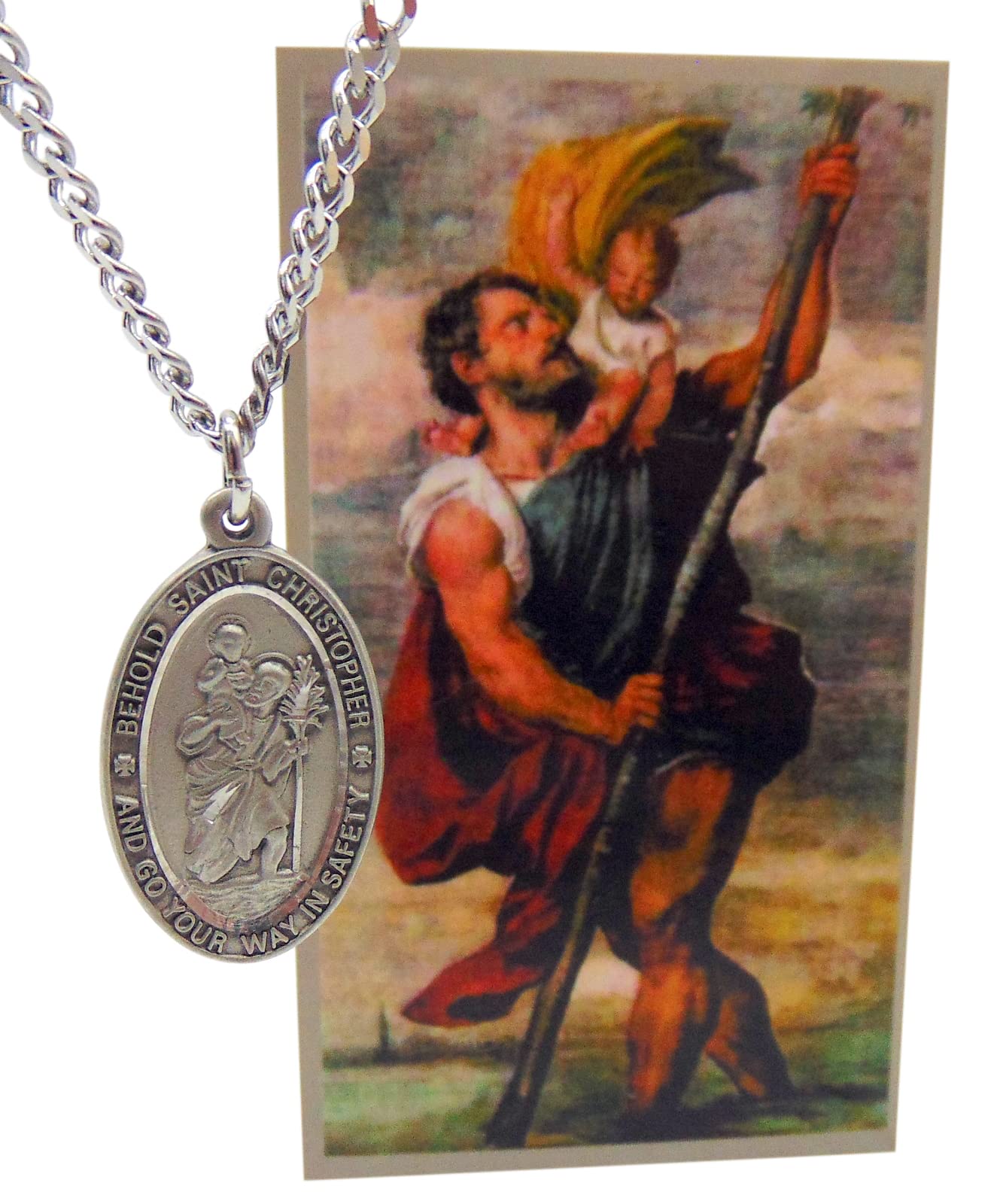 St Christopher Pewter Medal on a Stainless Steel Chain with Holy Card Gift Boxed Set