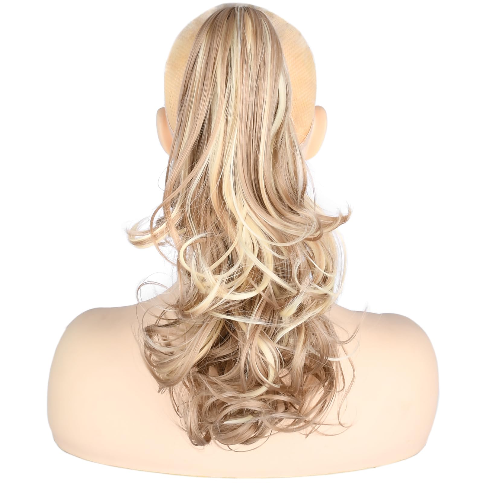GLEDOLA Ombre Claw Clip In Wavy Loose curly Synthetic Wrap Around Ponytail Extensions Short Pony Tail Clip In Extensions for Women Girl (13 inch—Curly, Light Brown mix Light Blonde #16H613)