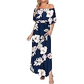 AUSELILY Womens Off The Shoulder Dress Summer Casual Long Ruffle Party Side Split Beach Maxi Dresses with Pockets