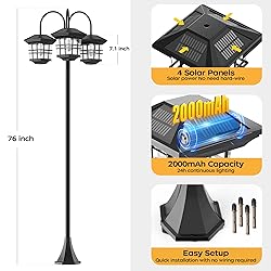 76" Classic Black Solar Lamp Post Lights - 3-Head