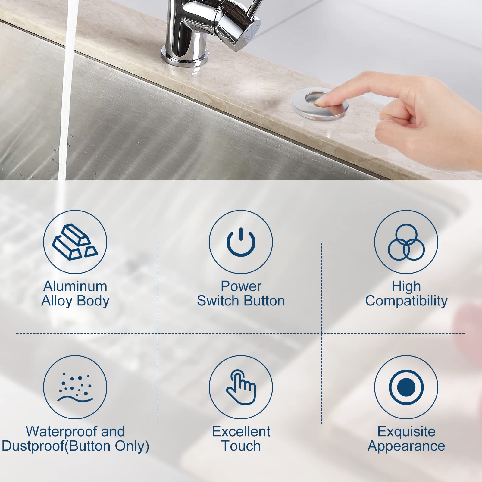 Air Switch Kit for Garbage Disposal, UL Listed Sink Top Air Switch for Food Waste Disposal, 3.58” Extra Long Air Button (Brushed Stainless Steel)