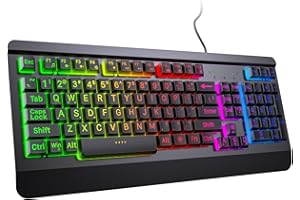 ACEBAFF Gaming Keyboard with Large Print Keys, 7-Color Rainbow LED Backlit, Quiet Light Up Computer Keyboard with All-Metal Panel, Wrist Rest, Anti-Ghosting Multimedia Keys, USB Wired Keyboard for PC Mac Xbox