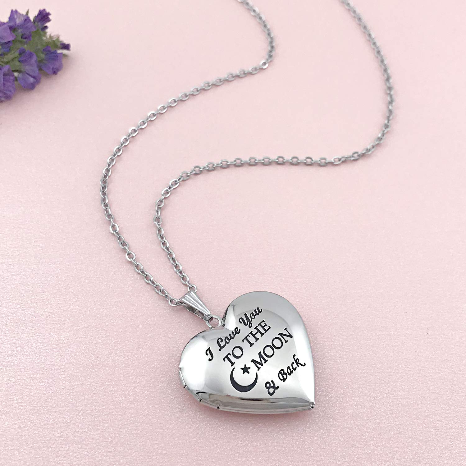YOUFENG Love Heart Locket Necklace That Holds Pictures Engraved I Love You to the Moon and Back Photo Lockets