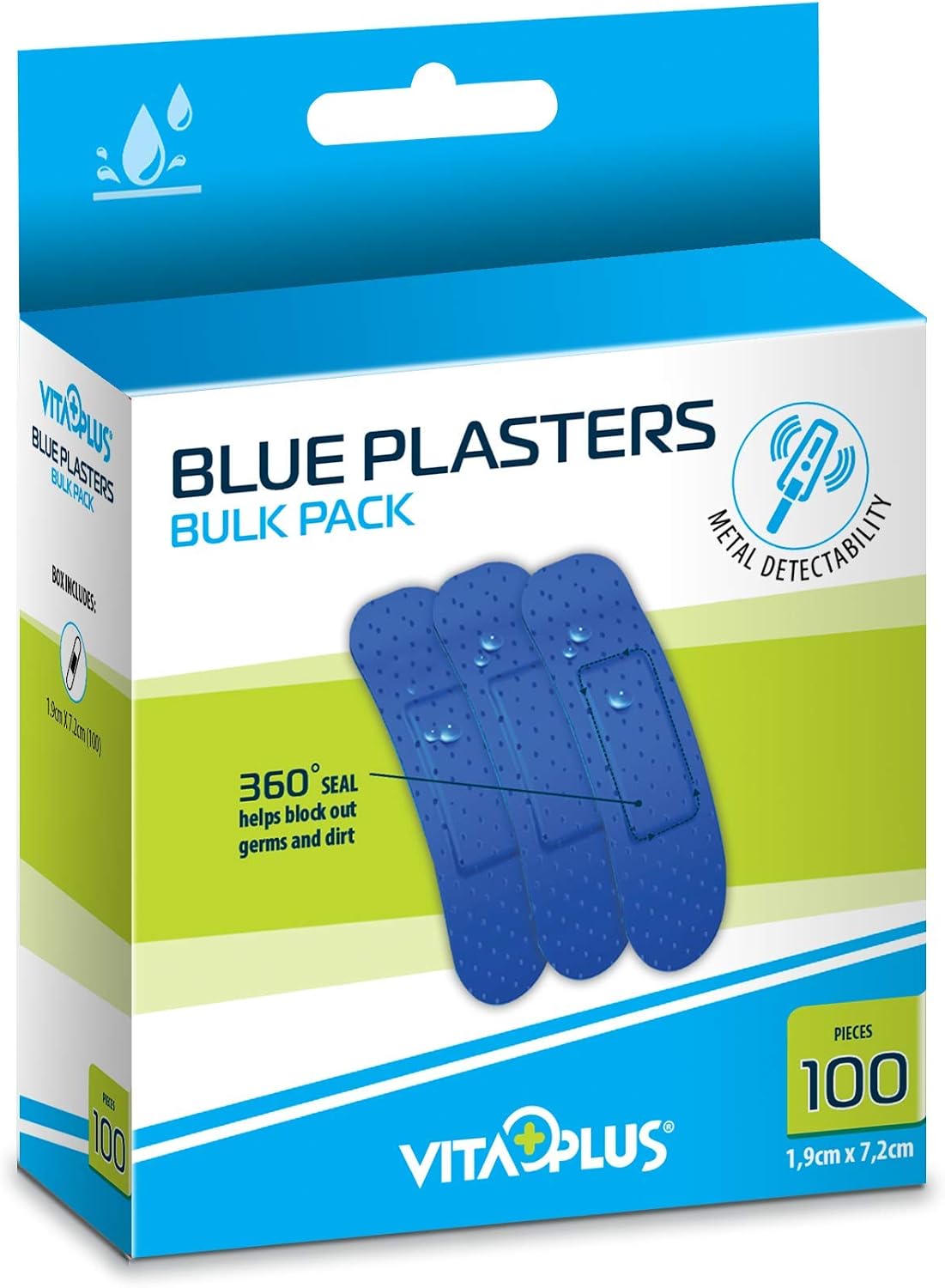 VitaPlus Plasters 100-Pieces Bulk Pack, 72 mm Length x 19 mm Width, Blue, 100 Count (Pack of 1)