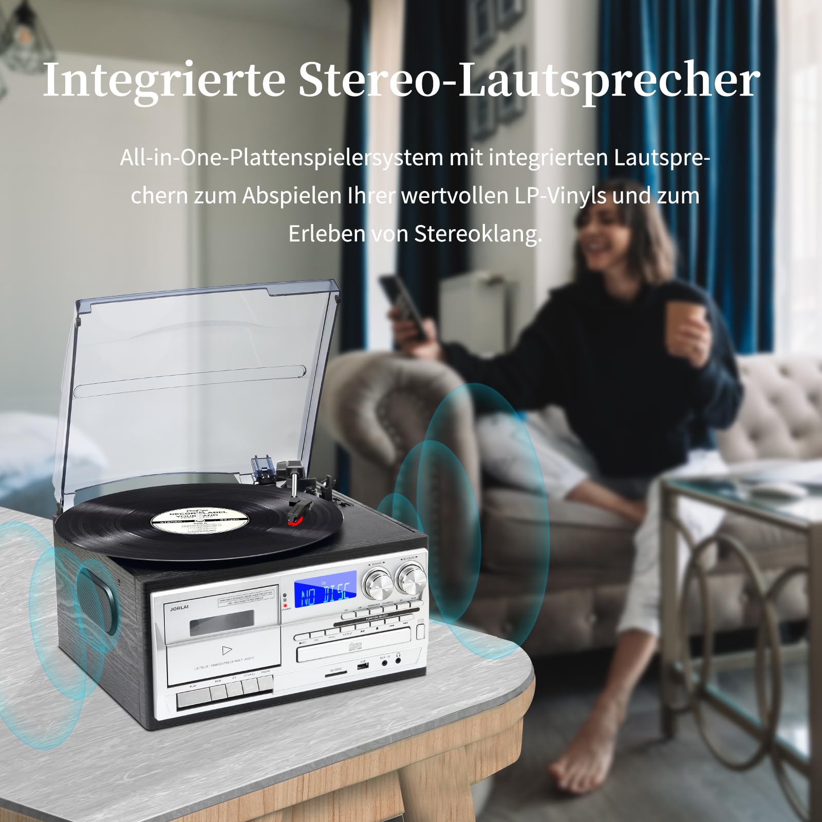 JORLAI Vintage Record Player 3 Geschwindigkeiten Plattenspieler mit Fernbedienung, Vinyl Bluetooth mit eingebauten Lautsprechern CD/Kassette AM/FM Radio USB/SD/MMC 3.5mm Aux-in/RCA-Out, Schwarz 5