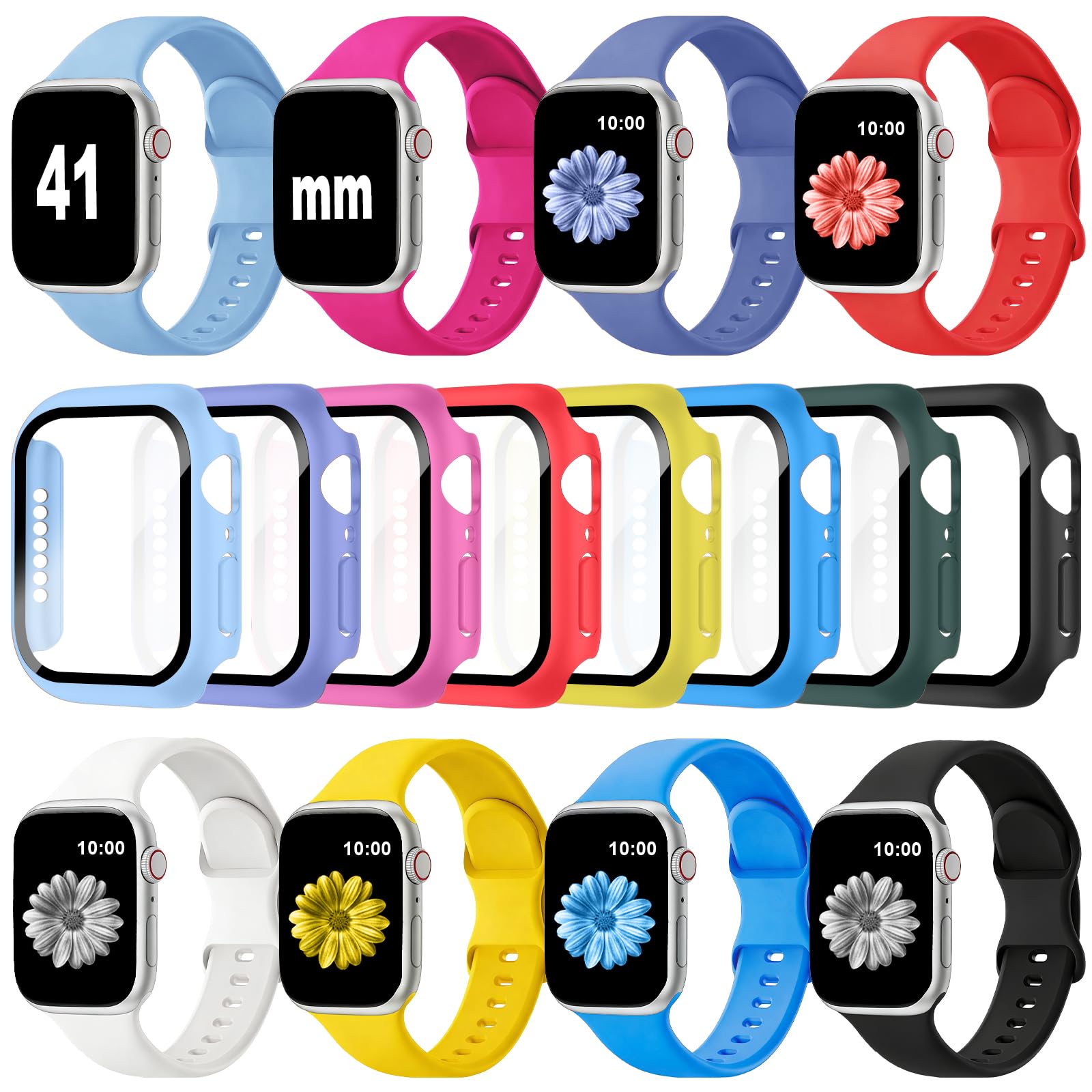 Brigtlaiff 8Pack Bands Compatible for Apple Watch Bands Case 41mm Women Men, Silicone Sport Strap with Screen Protector Case 41mm for Apple Watch Series 9/8/7