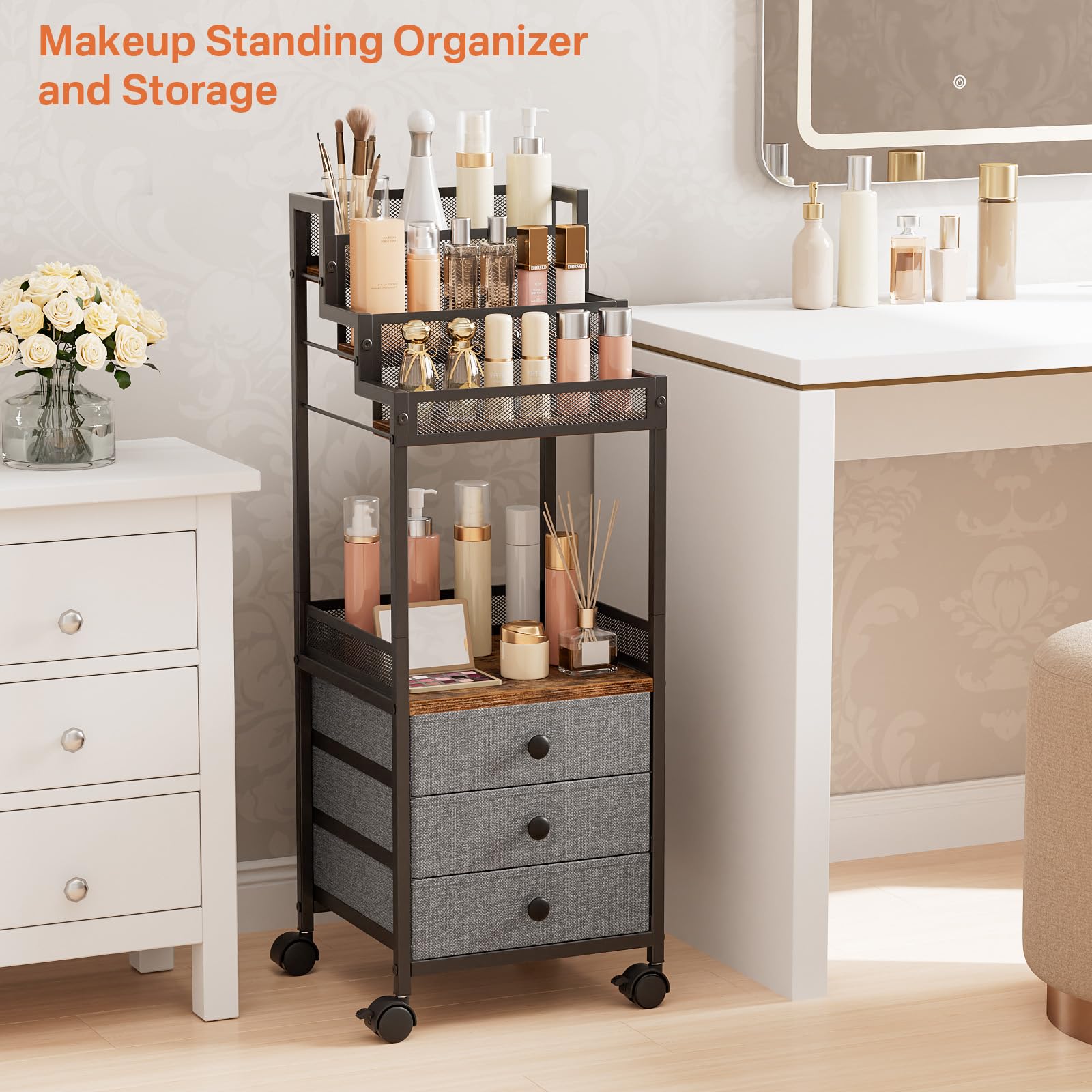 FURFUN Display Riser Stand Perfume Cologne Organizer, Rolling Makeup Storage Cart with Fabric Drawers, Floor Vanity Cosmetics Display Cases for Skin Care Nail Polish Figures Rustic Brown Ladder Stand
