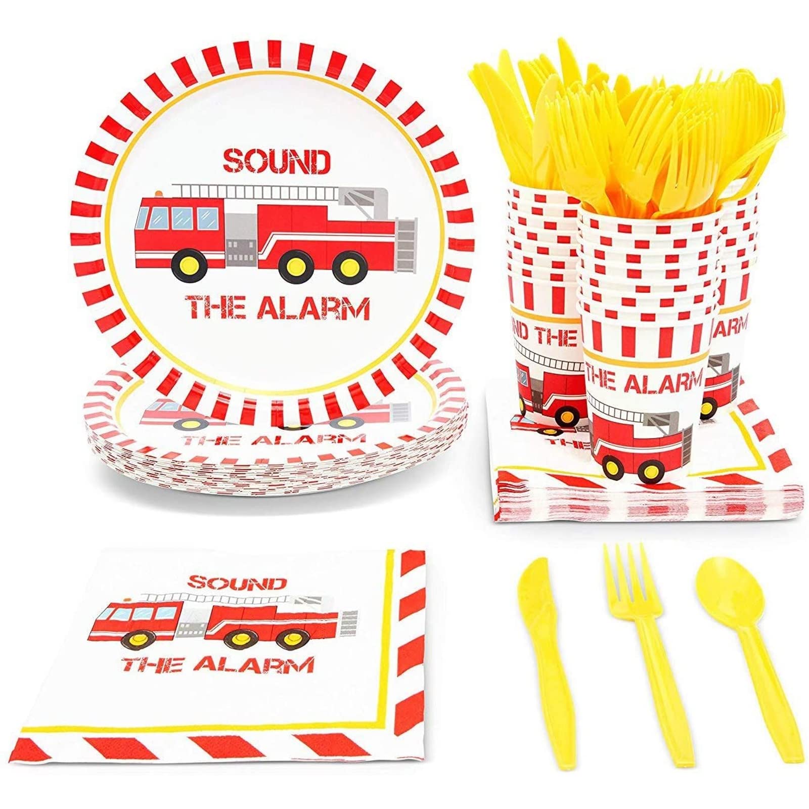 Photo 1 of 144 Pieces Firefighter Party Decorations, Disposable Dinnerware Set with Firetruck Paper Plates, Red Truck Napkins, Cups, Cutlery (Serves 24)