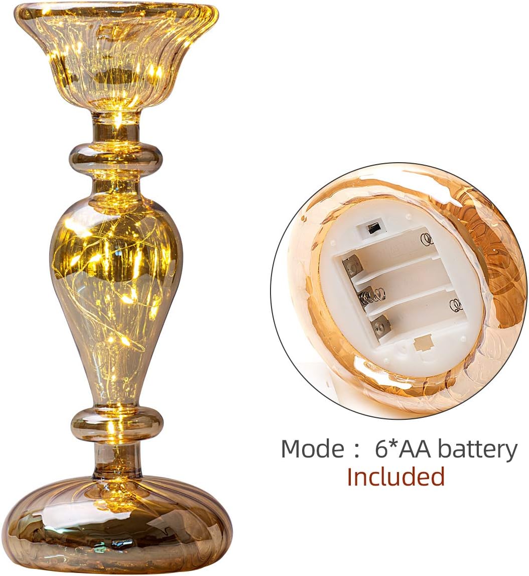 UMEIED Handmade Candle Stand Holder with Fairy Lights, Battery Powered Light Up Candle Holder Pedestals, Set of 2, Luxurious Decor Accessories: Kitchen & Dining