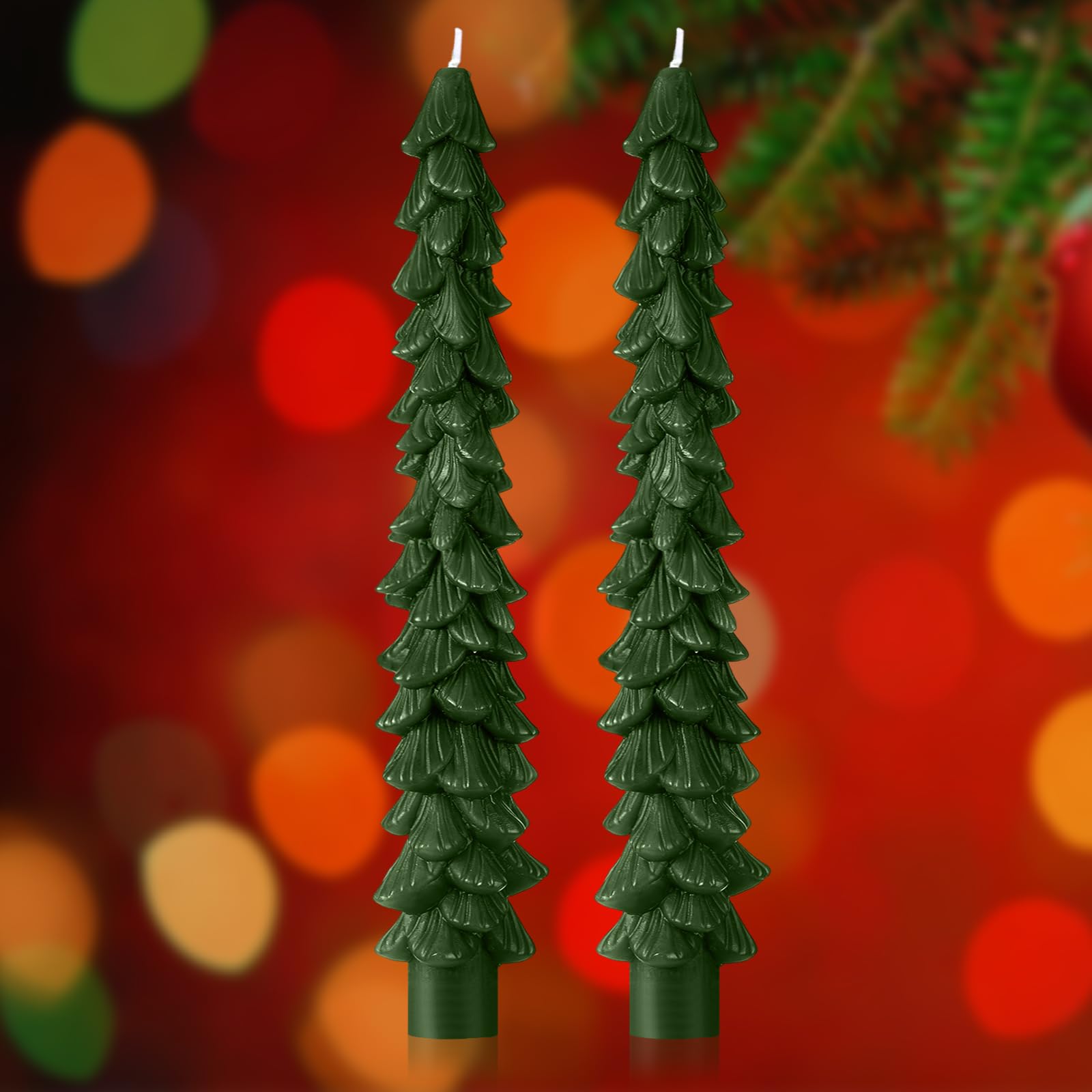 Photo 1 of MTLEE 2 Pcs Green Christmas Tree Shaped Taper Candles 10 Inch Unscented Christmas Tree Candles Decorative Aesthetic Xmas Relaxation Gifts for Centerpiece Decorations (Classic)