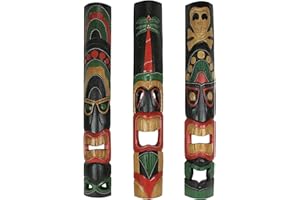 Zeckos Set of 3 Hand Carved Polynesian Style Tiki Wall Hanging Masks - Unique 39.5-Inch Carvings for Home, Patio, or Tiki Bar Decor - Handcrafted with Lively Island Colors
