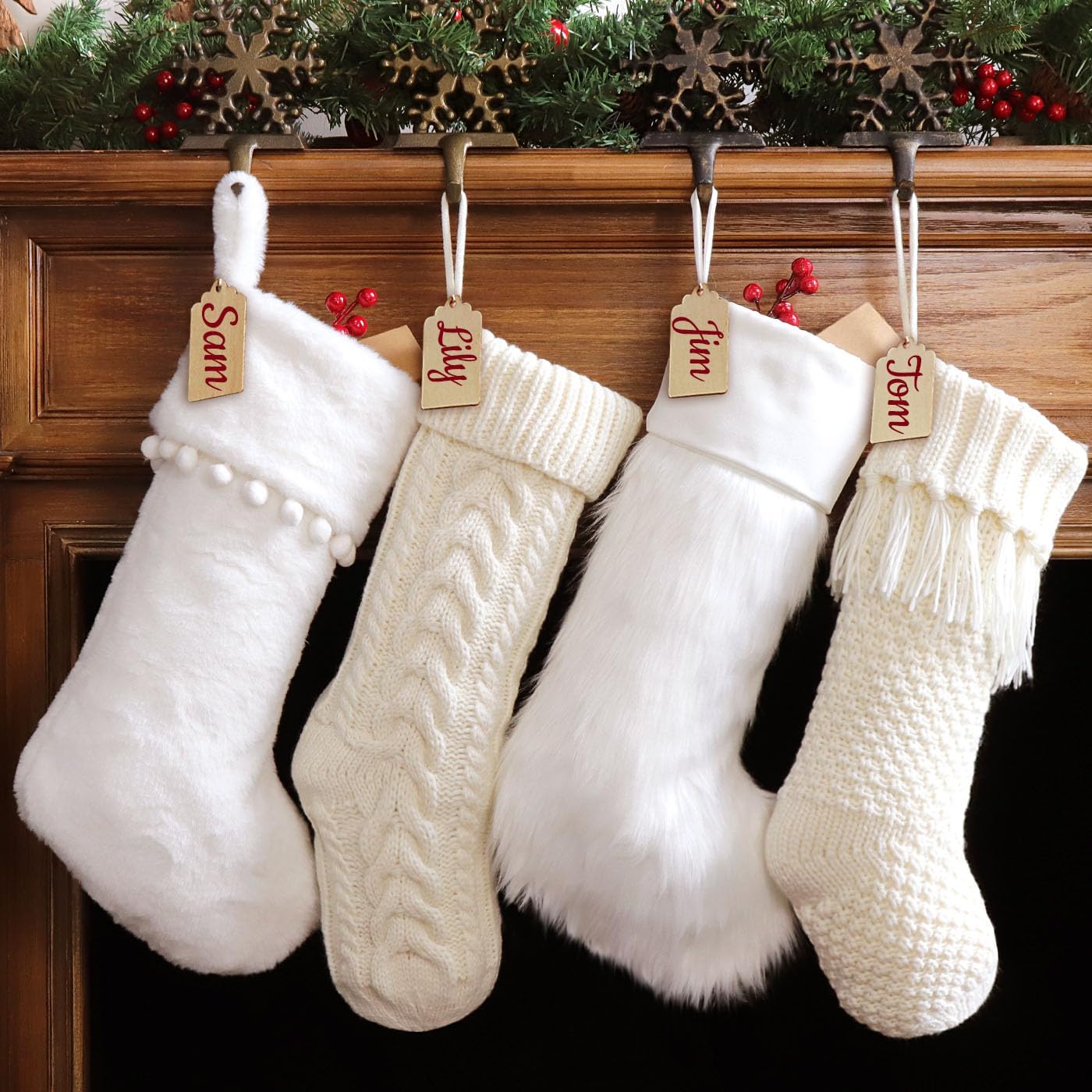 Stockings & Holders - Pawliss Christmas Stockings: 4 Pack 18 Inch White Farmhouse Plush Faux Fur & Cable Knitted Fireplace Xmas Stockings, Rustic Personalized Stocking Hanging Gifts Decorations for Family Holiday Décor