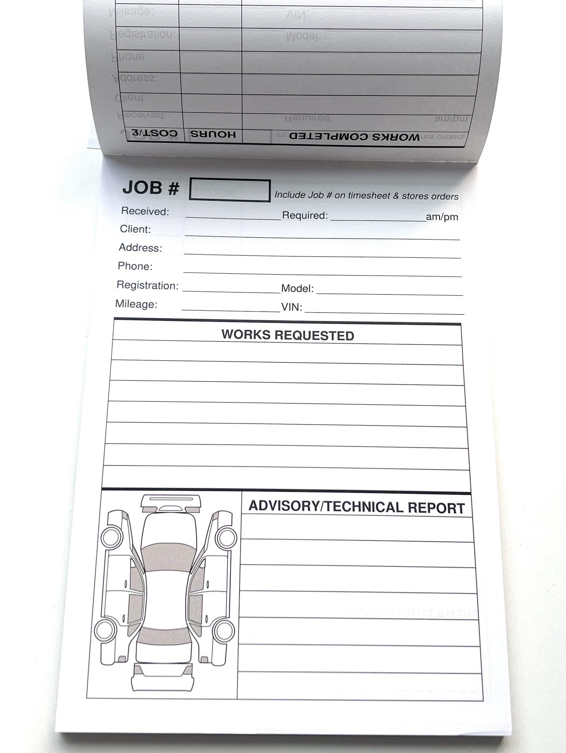 Repair Job Cards x100 Garage Workshop Job Time Sheet Pad Works Cards MOT 100 Sheets Two Sided with Car Image