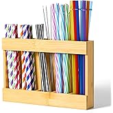 ZOBONETI Bamboo Straw Holder for Cabinet Door, Adhesive Straw Dispenser Organizer, Wooden Hanging Reusable Straw Storage