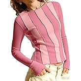 Tankaneo Womens Fitted Long Sleeve Shirts Ribbed Knit Going Out Tops Y2k Trendy Casual Crew Neck Tees Shirts