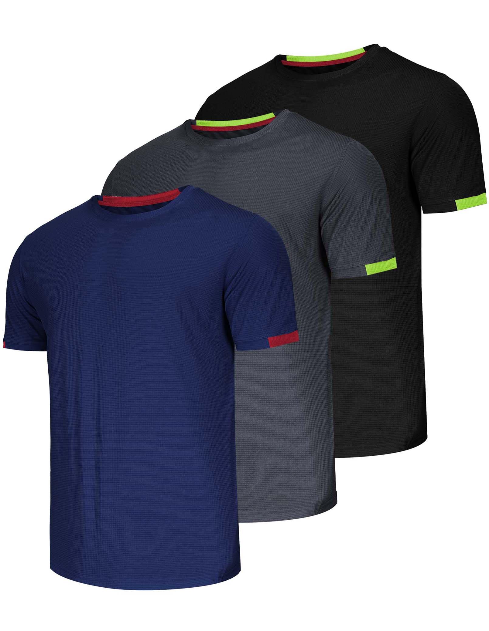 Photo 1 of 3 Pack Running T Shirts for Men Gym T Shirts Sports T Shirts for Men Dry-Fit Athletic Working Shirts Breathable Activewear Shirts Mesh Design Quick Dry Fitness Hiking T Shirts-Black/Grey/Navy-XXL