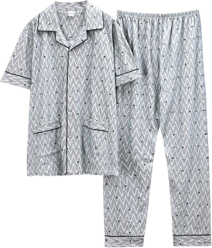 Amazon メンズパジャマ 男性 ルームウェア 春夏秋 上下2点セット ラペル 半袖 長ズボン カーディガン 柔らかい おしゃれ ストライプ 着心地が良い 通気 ポケット付き カジュアル 大きい 寝巻き お揃い ナイトウェア 男の子 彼氏 安眠 お出掛け 冷房 パジャマ 通販