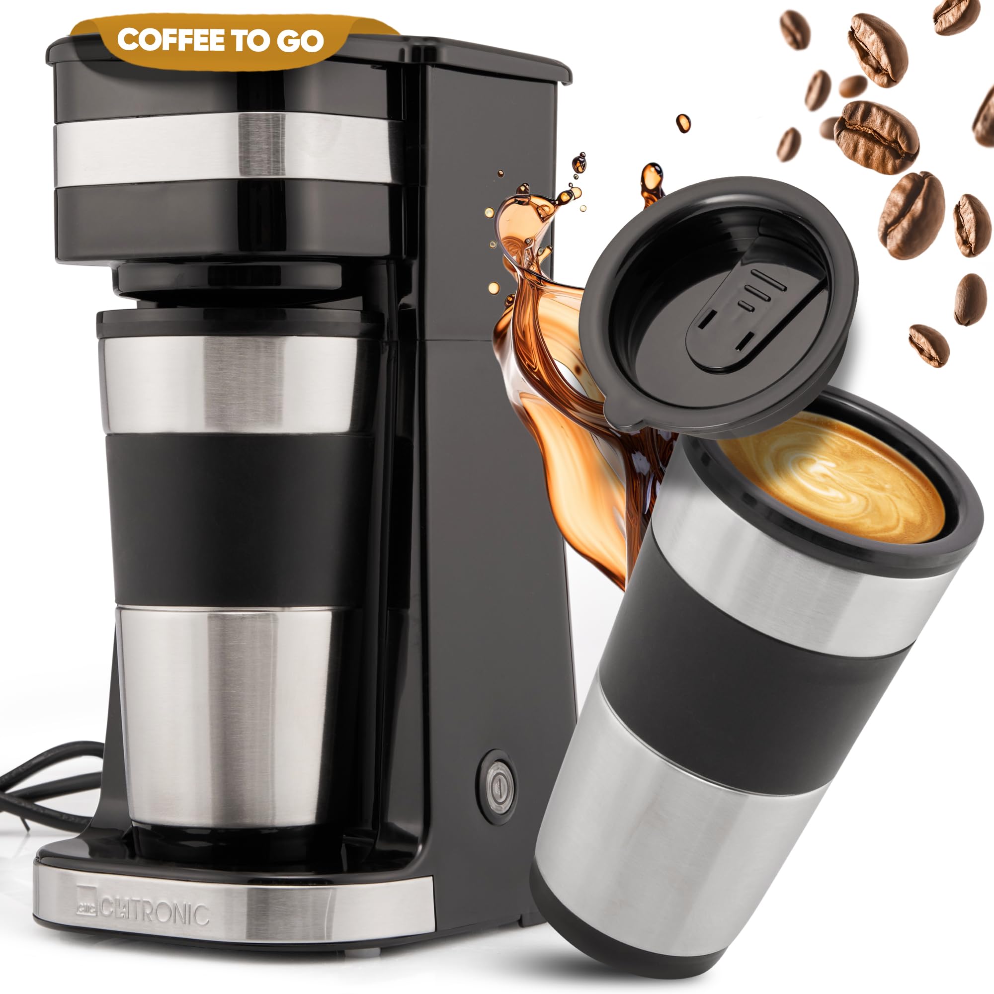Clatronic Coffee Machine with Coffee To Go Mug 400 ml Suitable for All Standard Drink Holders (e.g. Car) Filter Coffee Machine with Stainless Steel Cup and Aroma Lid Coffee Machine Small KA 3733