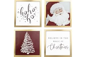 ArtbyHannah Framed Christmas Wall Art, Santa Claus Christmas Wall Decor, 4 Pack 10x10 Inch Christmas Pictures Wall Decor with Red White Wall Christmas Tree, Indoor Christmas Decorations for Home
