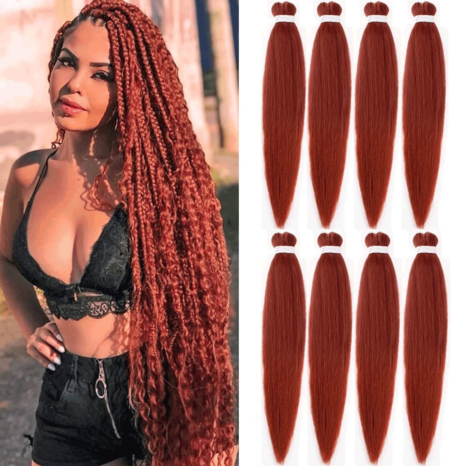 Xtrend 30 Inch EZ Braids 8Packs Copper Red Pre-Stretched Easy Braiding Hair Extensions for Box Braids Hair Hot Water Setting Synthetic Fiber Hair Extensions 350#