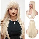 Aida ble Long Straight Blonde Wig for Women Blonde Wig With Bangs Heat Resistant Synthetic Wig for Girls Daily Use Party Halloween Cosplay Wig 24inch