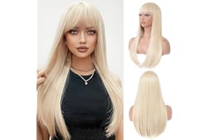 AIDA BLE Blonde Wig With Bangs For Women Long Straight Blonde wig Heat Resistant Synthetic Wig for Girls Daily Use Party Halloween Cosplay Wig 24inch