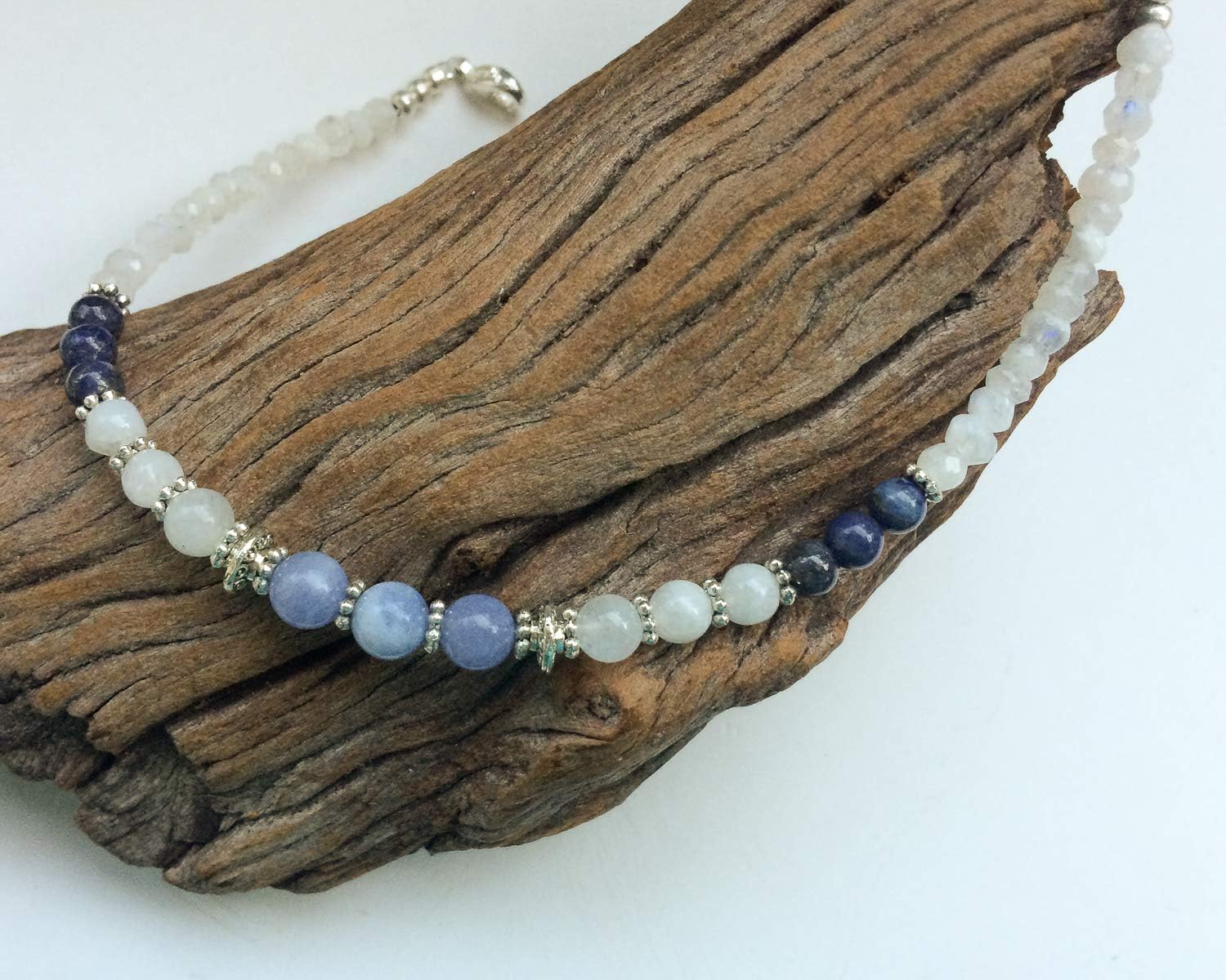 Celestite beaded anklet, Blue Celestite Crystal anklet, White blue gem ankle chain, Moonstone Lapis ankle bracelet, natural Celestite anklet
