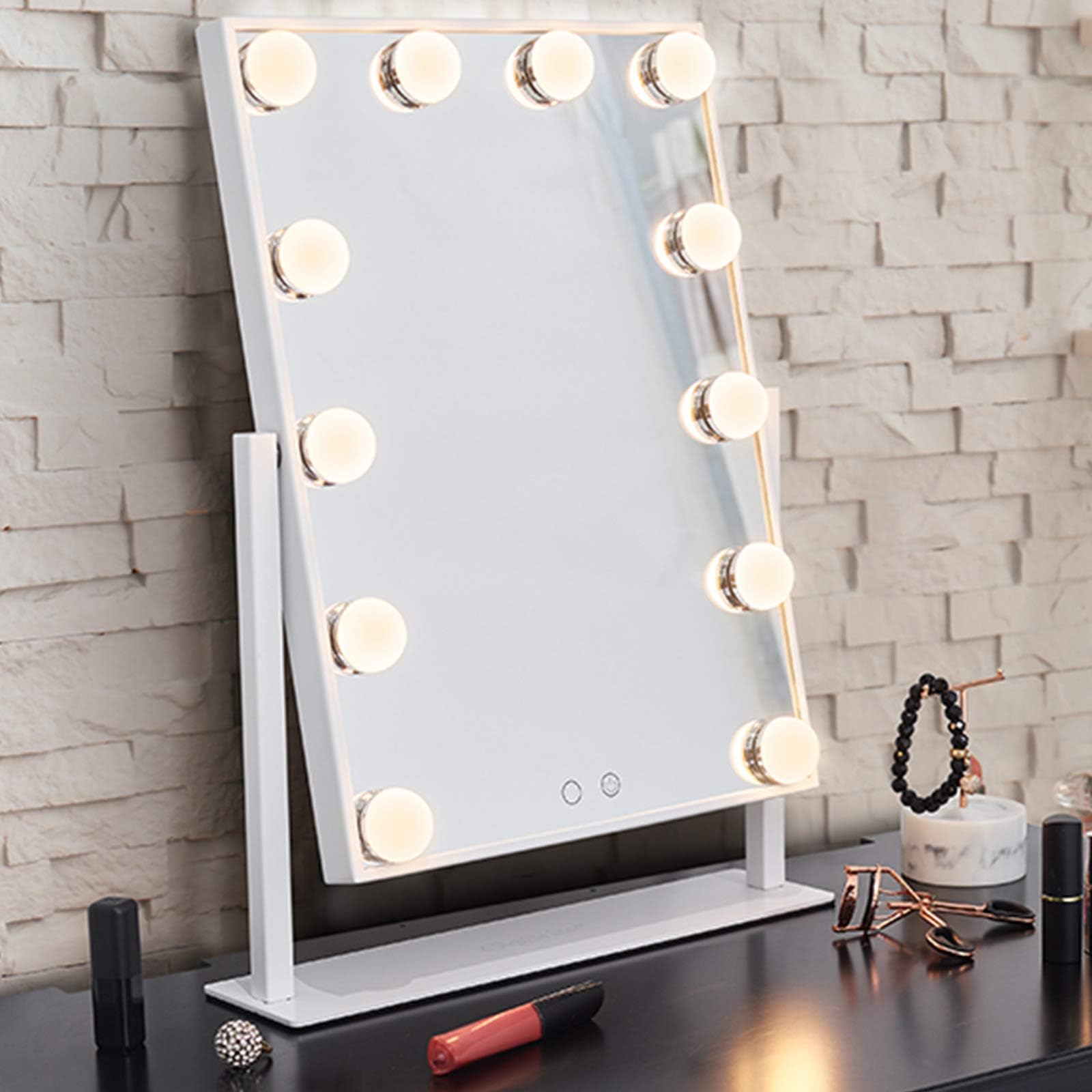 SA Products Glam Mirror - Touch Screen, Adjustable Angle, and Dimmable Hollywood Lights - Makeup, Shaving, Grooming - Best for Vanity, Dresser, and Bathroom Table - 12-LED Glass and White Steel Frame