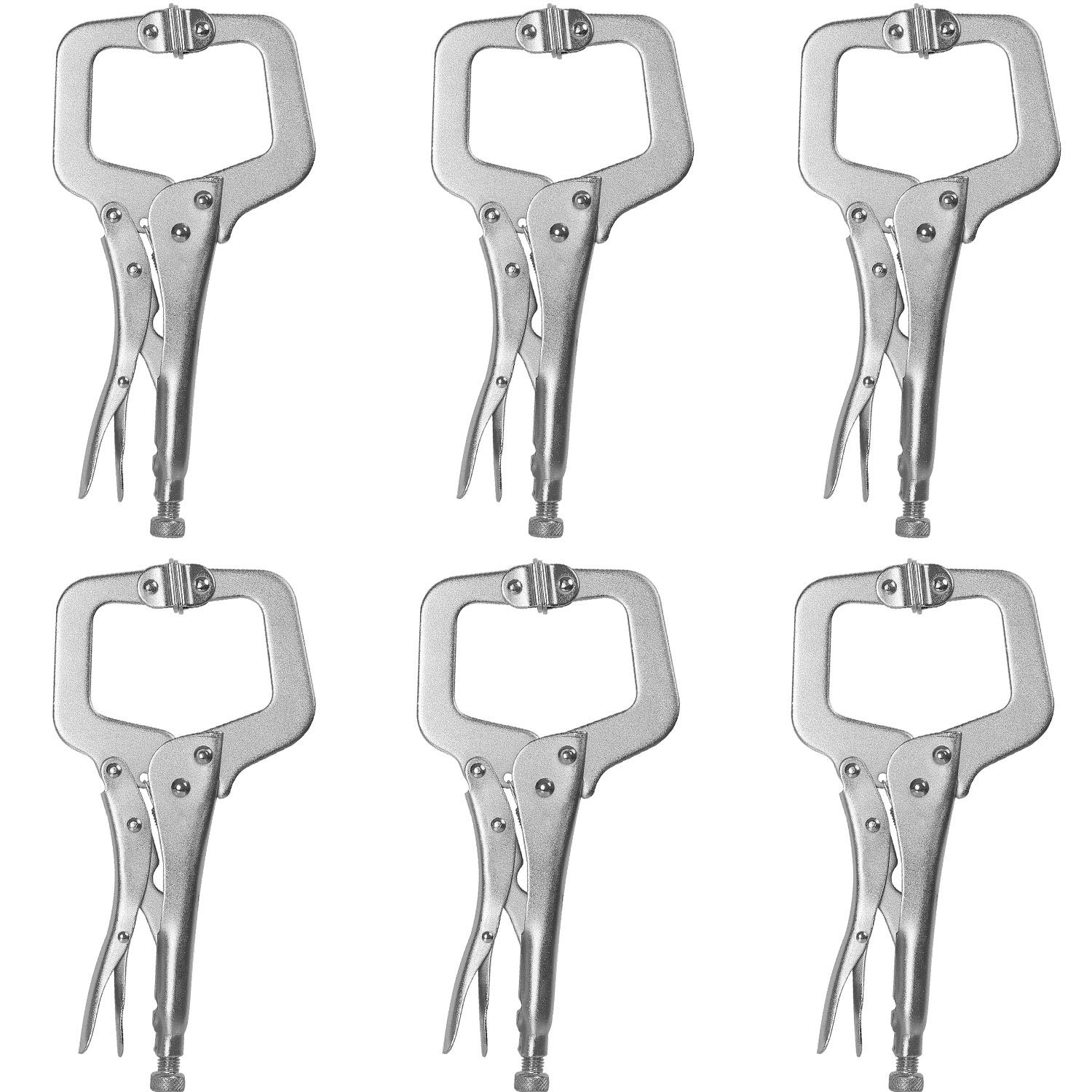 KEILEOHO 6 Pack 11 Inches C Clamp Locking Pliers With Swivel Pads, Heavy-Duty Woodworking Clamps Set, Adjustable Nickel Plated