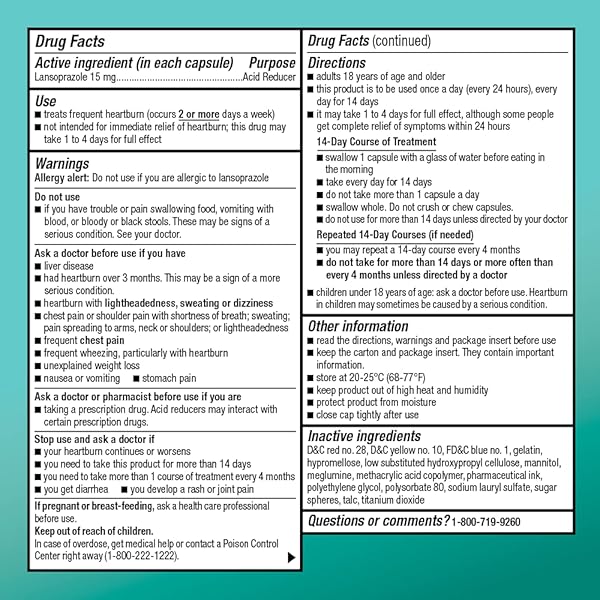 AMAZON BASIC CARE LANSOPRAZOLE DELAYED RELEASE CAPSULES, 15 MG, PROTON PUMP INHIBITOR, ACID REDUCER, 24 HOUR HEARTBURN MEDICINE, 42 COUNT PACK
