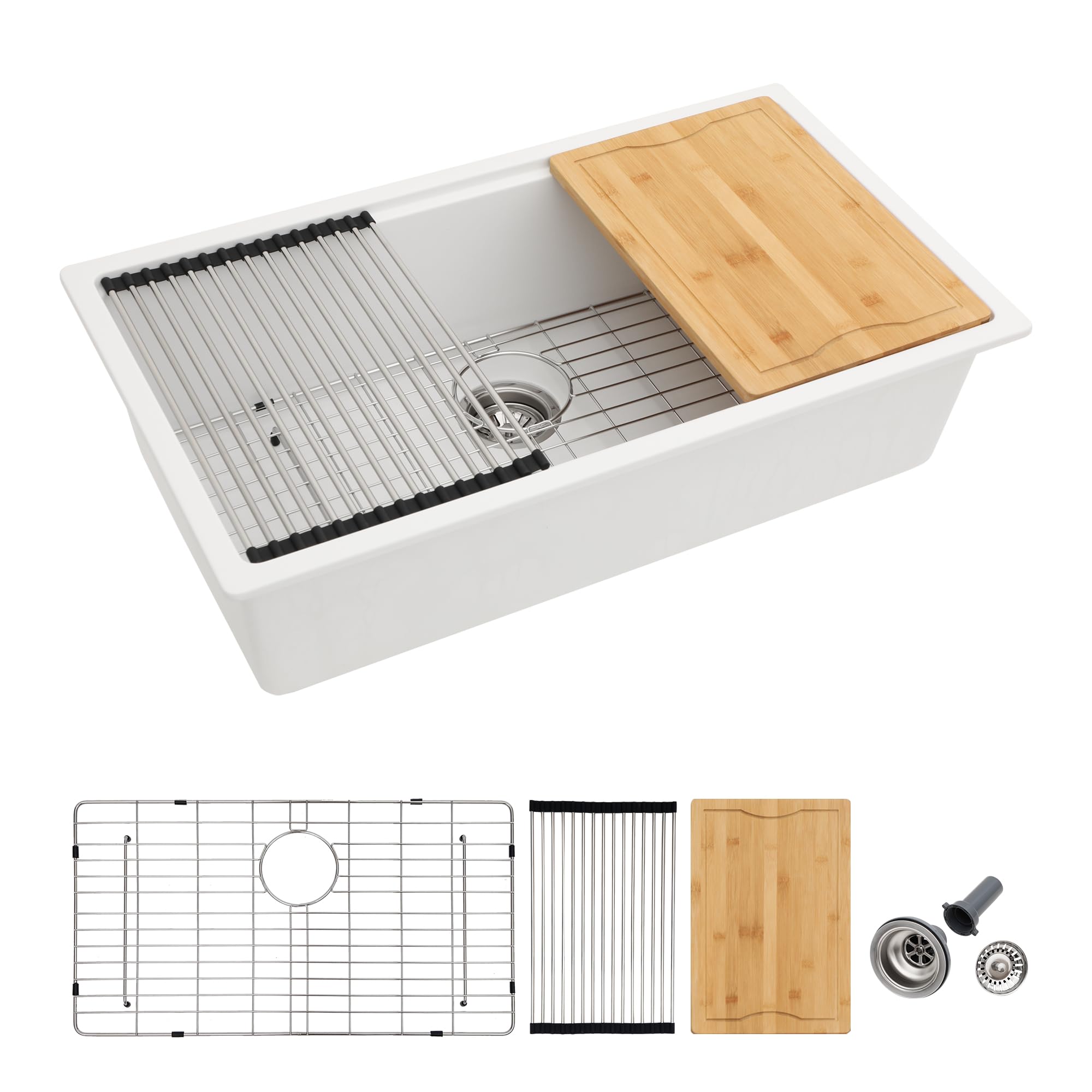Photo 1 of Dcolora White Kitchen Sink 32-Inch Undermount Granite Composite Workstation Single Bowl Quartz Kitchen Sink DC-GU7755, 32"W x 19"D x 10"H