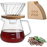 shoxil Pour Over Coffee Maker Set &ndash; Drip Coffee Pot with bamboo Handle, Glass Coffee Dripper &amp; 100 Filters, 20oz/600ml Capacity