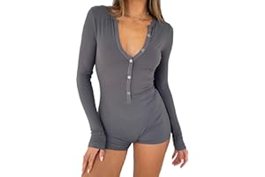 REVETRO Women's 2024 Spring Sexy V Neck Long Sleeve Shorts Romper Y2k One Piece Jumpsuit Bodycon Pajama Set Gym Bodysuit
