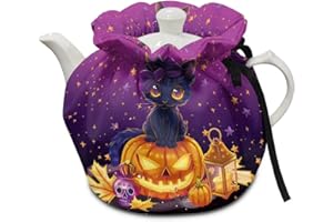 Yewattles Breakfast Pot Cover Kitchen Home Decorative Tea Pots Cozy with Insulation Pad Keep Warm with Drawstring Design Black Cat Pumpkin Pattern