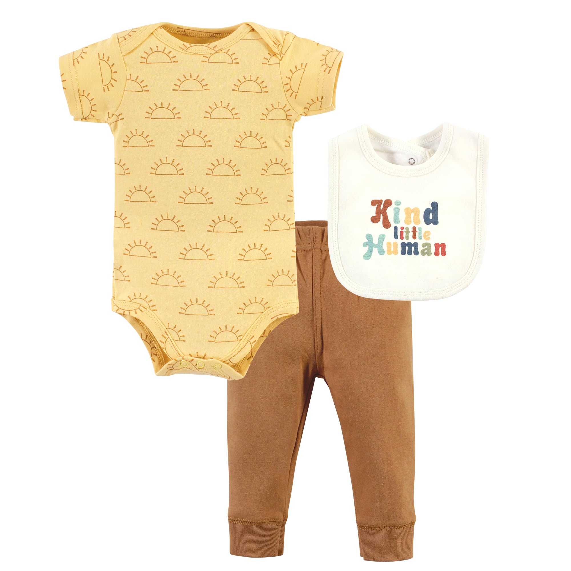 Hudson Baby Unisex Baby Cotton Bodysuit, Pant and Bib Set, Kind Human, 6-9 Months