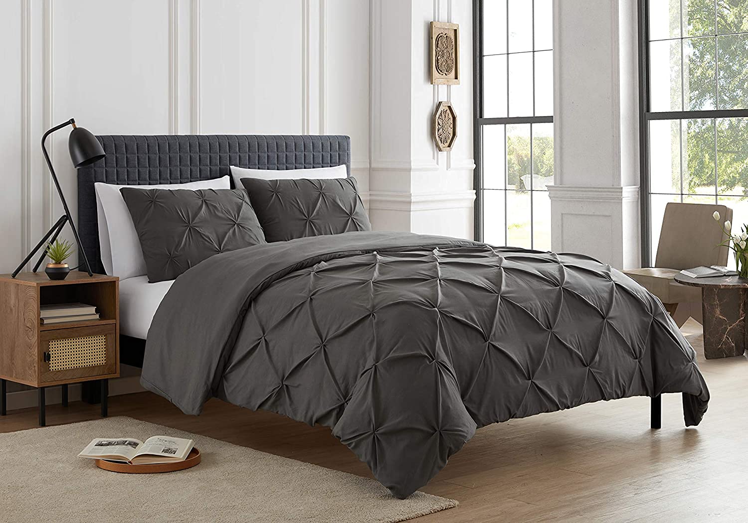 SeventhStitch Pintuck Duvet Cover Set with Pillowcases 100% Cotton Quilt Covers Bedding Bed Set Single Double King Super King Size (Charcoal, King)