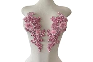 XZG.beatal Handmade Shining Rhinestones lace Applique Patches Sewing Beads Sequins Stone Trim Accessories for Wedding Dress 1 Pair/Bag 11X4.3inches (Pink)