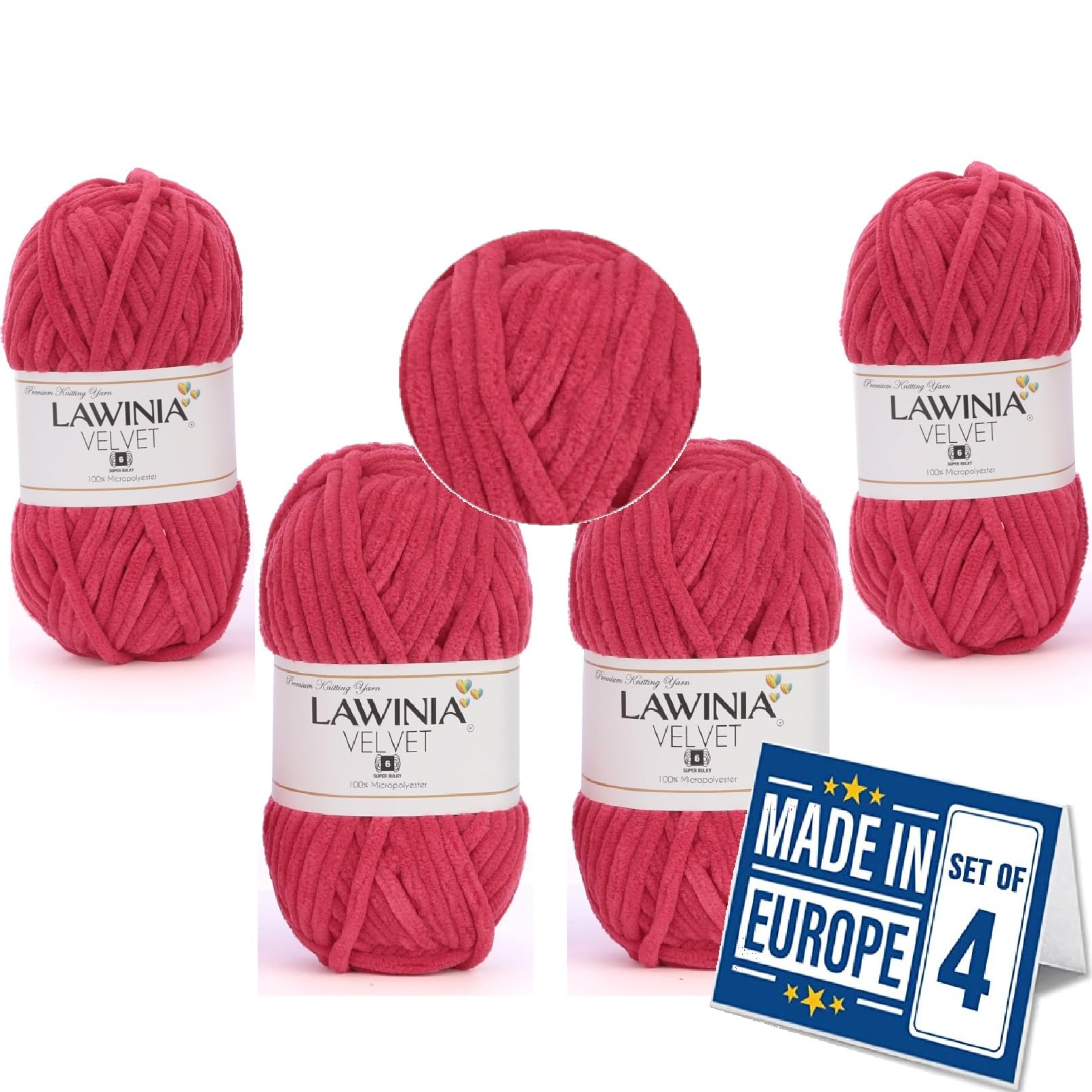 LAWINIA -Velvet Premium Soft Chenille Yarn Chunky, Velvet Yarn Crochet, Does NOT SHED, Plush Blanket Wool for Crochet, Thick Chunky Wool for Knitting, Pack of 4