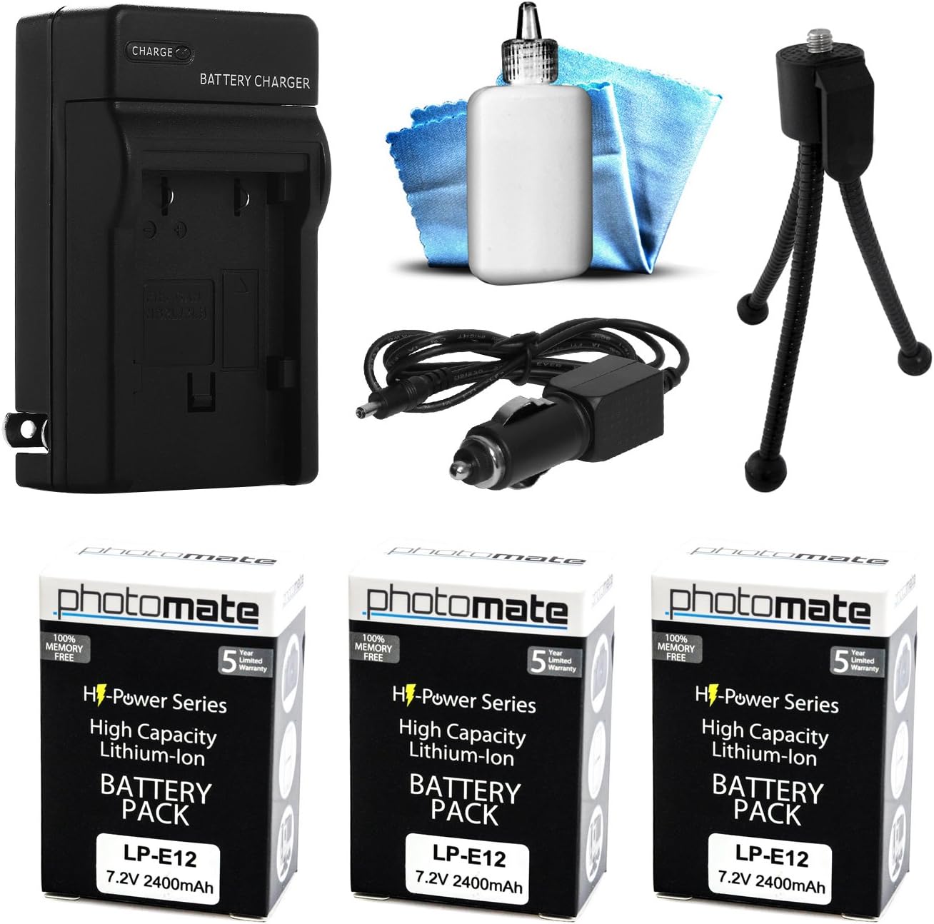 (3 Pack) PhotoMate LP-E12 LPE12 Ultra High Capacity Rechargeable Battery (2400mAh) + Rapid Home AC Wall Charger + Car Adapter + Euro Plug + Cleaning Kit + Mini Tripod for Canon EOS M, EOS-M, M2, EOS-M2, Rebel SL1, 100D DSLR Digital Camera