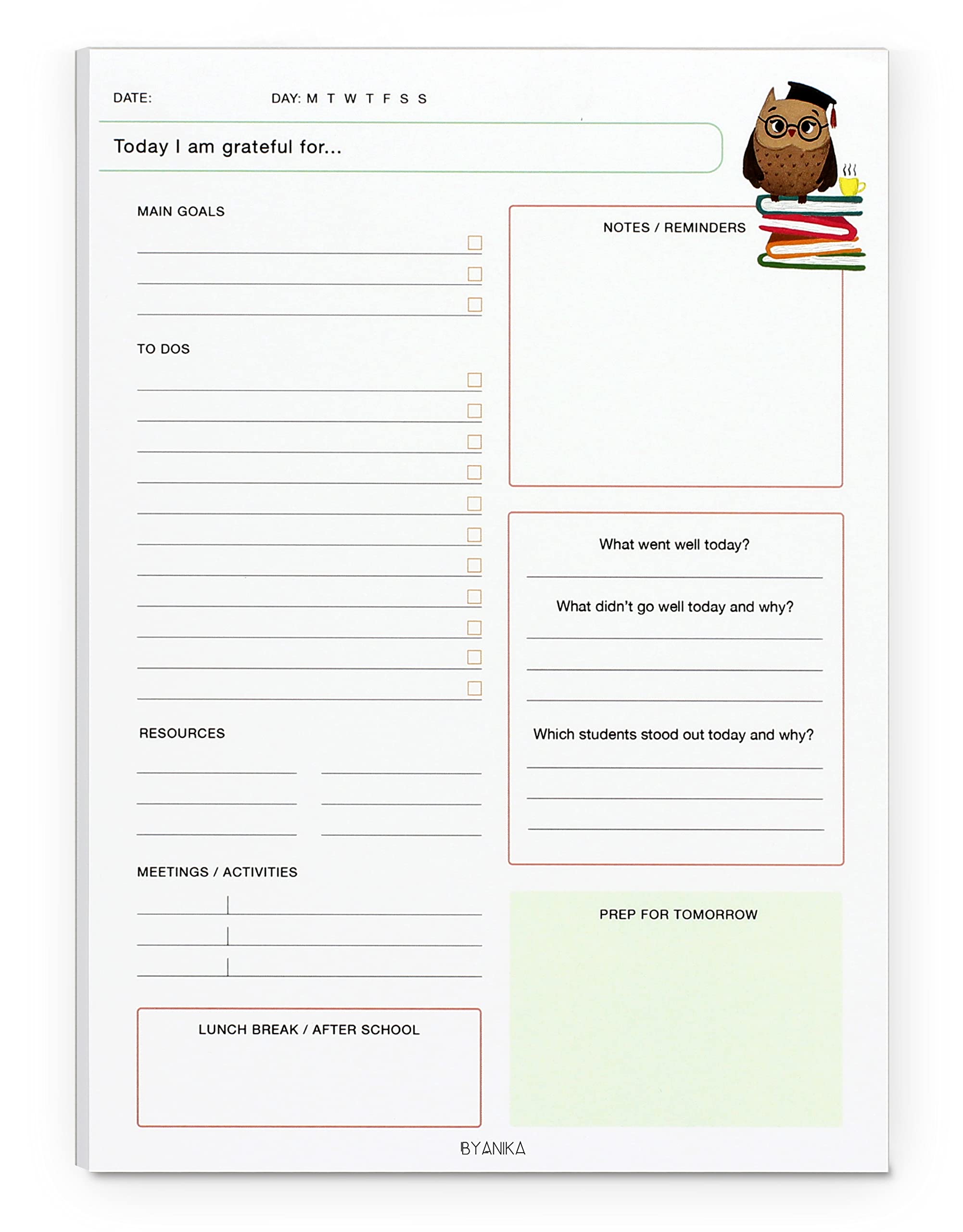 BYANIKA Teacher Daily Organiser - 50 Tear-Off Sheets | Back To School Stationery Supplies | Lesson Planner | Plan Day, Week, Goals, To-Do, Meetings & Activities | Includes Post-Class Reflection Box