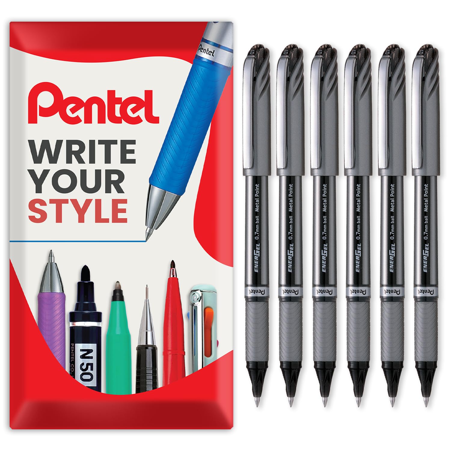 Pentel Energel BL27 Liquid Gel Ink Rollerball Pen - 0.7mm Metal Tip - In Envelope Gift Packaging (Black Pack of 6)