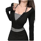 SweatyRocks Women's 2 in 1 Long Sleeve Henley T Shirts Y2k Halter Fitted Going Out Tops