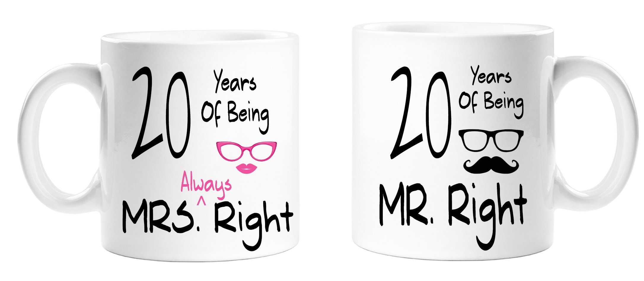Top Sale Mr and Mrs Always Right Lips, Sunglasses and Moustache and Glasses Design - Pink, Red 11 OZ Tea/White Coffee Cup Mug (20 Years, Pink)