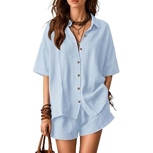 GUNEST Women Summer 2 Piece Sets Cotton Casual Short Button Down Set | Matching Shorts with Pockets Suitable for Various Occa