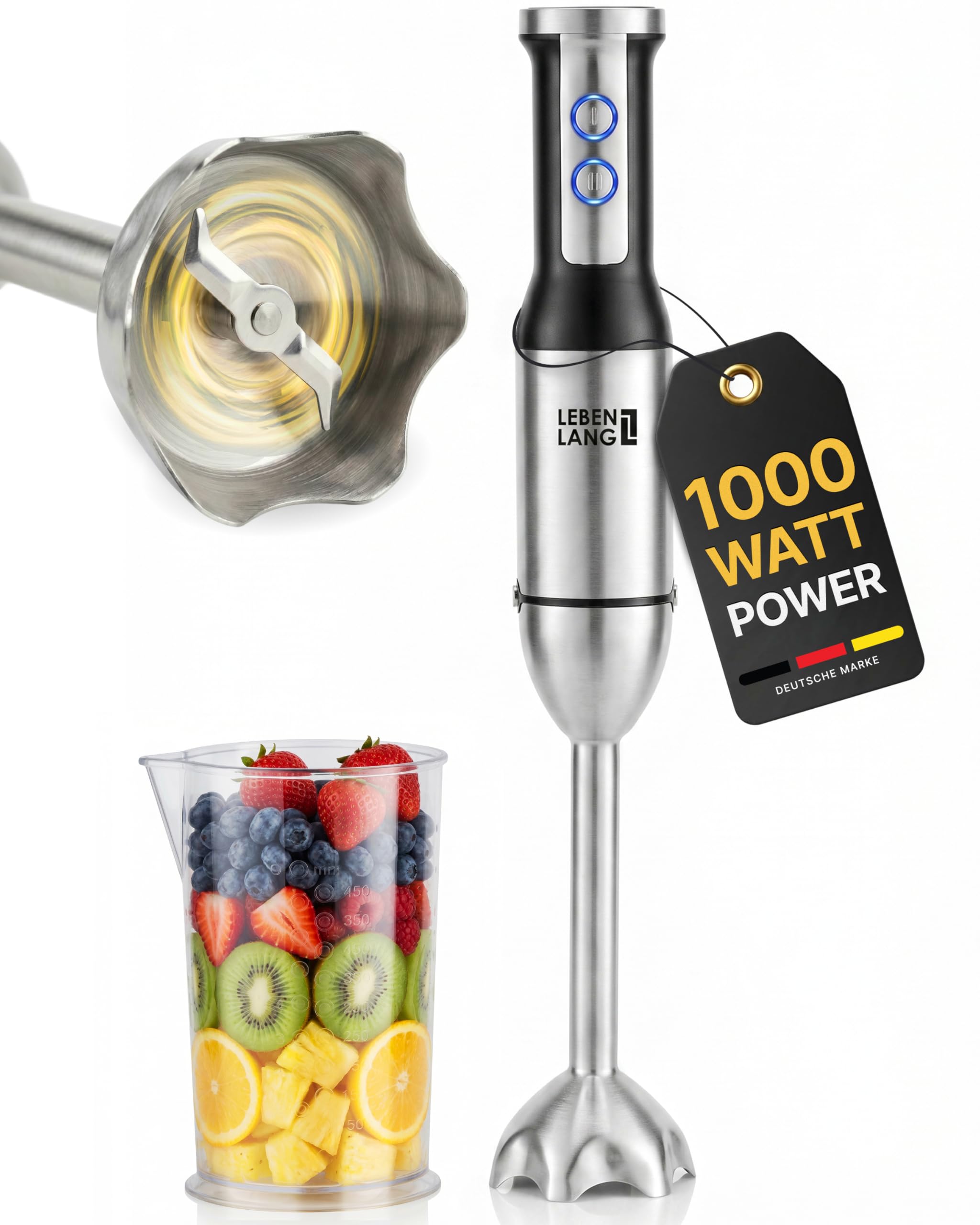 LEBENLANG 1000W Stabmixer Edelstahl - Mit Spritzschutz & 8 Stufen & Turbo