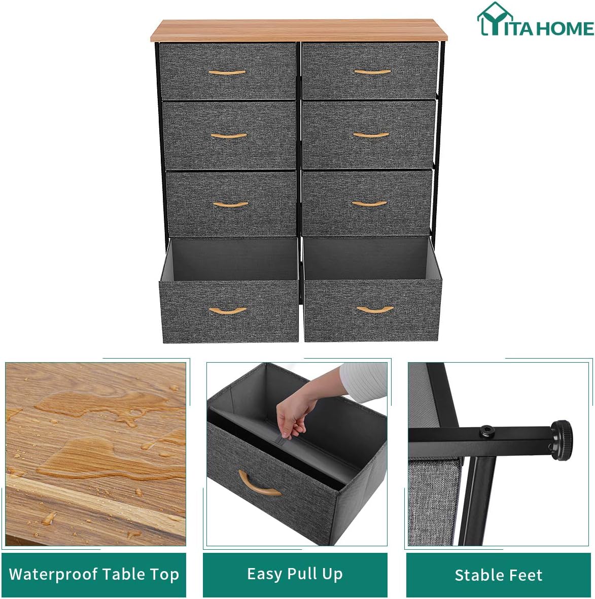 YITAHOME Storage Tower Unit with 8 Drawers - Fabric Dresser with Large Capacity, Organizer Unit for Bedroom, Living Room & Closets - Sturdy Steel Frame, Wooden Top & Easy Pull Fabric Bins (Dark Grey): Home Improvement