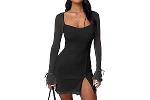Kaximil Women's Sexy Bodycon Mesh Long Sleeve Square Neck Slit Party Short Mini Dress