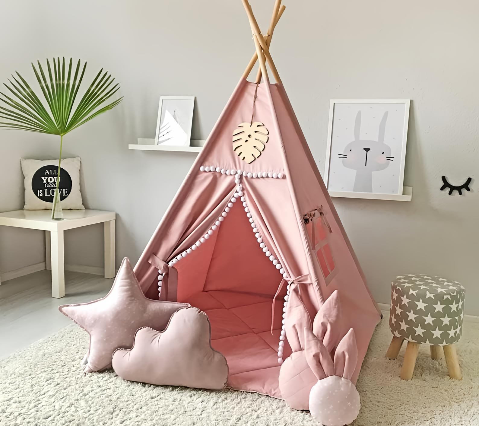 Photo 1 of ***SEE CLERK COMMENTS*** RONGFA Kids Teepee Tent with White Pom Pom - Indoor Play Teepee for Children Boys Portable Play House (Pink)